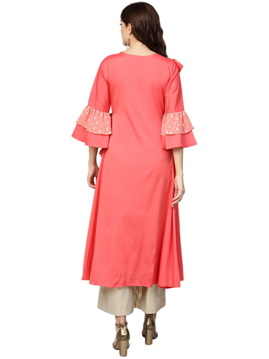 Ahalyaa Women Coral Pink Solid Ruffle Detail Angrakha Beautiful Kurta