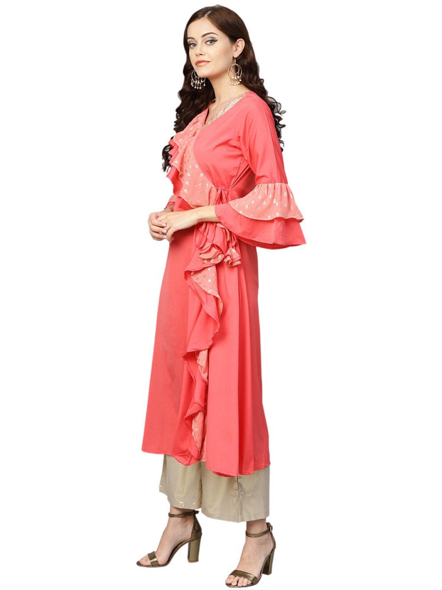 Ahalyaa Women Coral Pink Solid Ruffle Detail Angrakha Beautiful Kurta