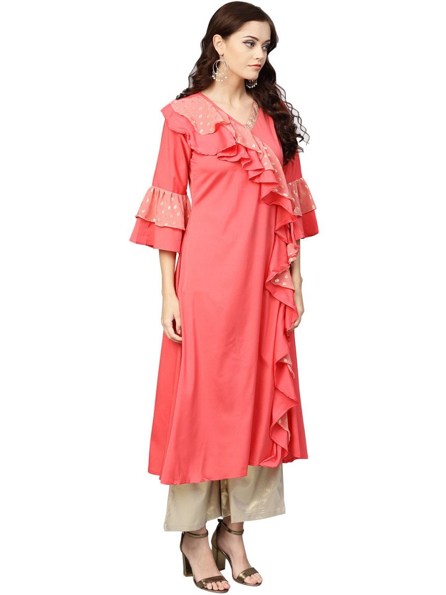 Ahalyaa Women Coral Pink Solid Ruffle Detail Angrakha Beautiful Kurta