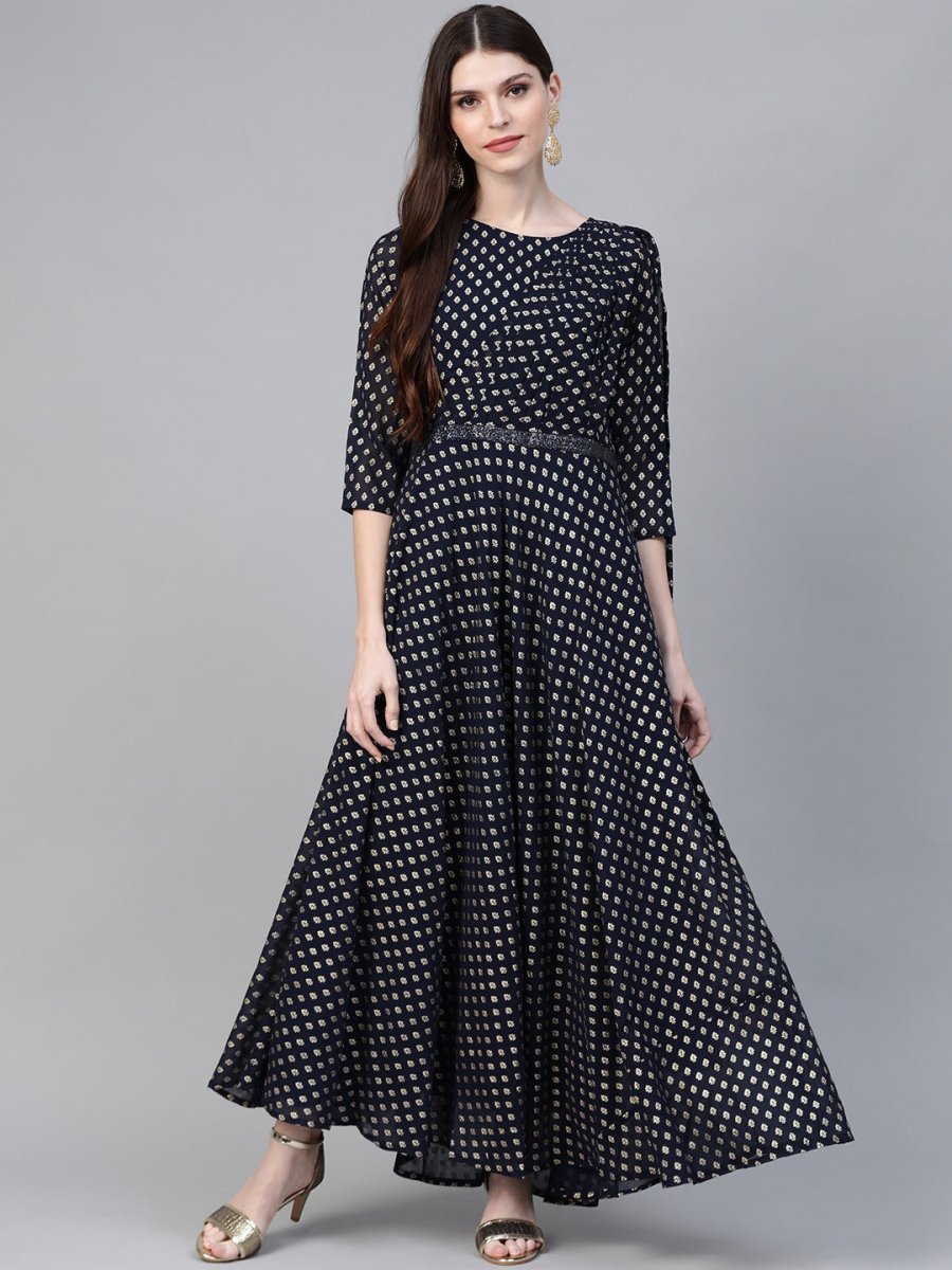 Ahalyaa Navy Blue & Golden Foil Printed Maxi Dress With Attached Dupatta