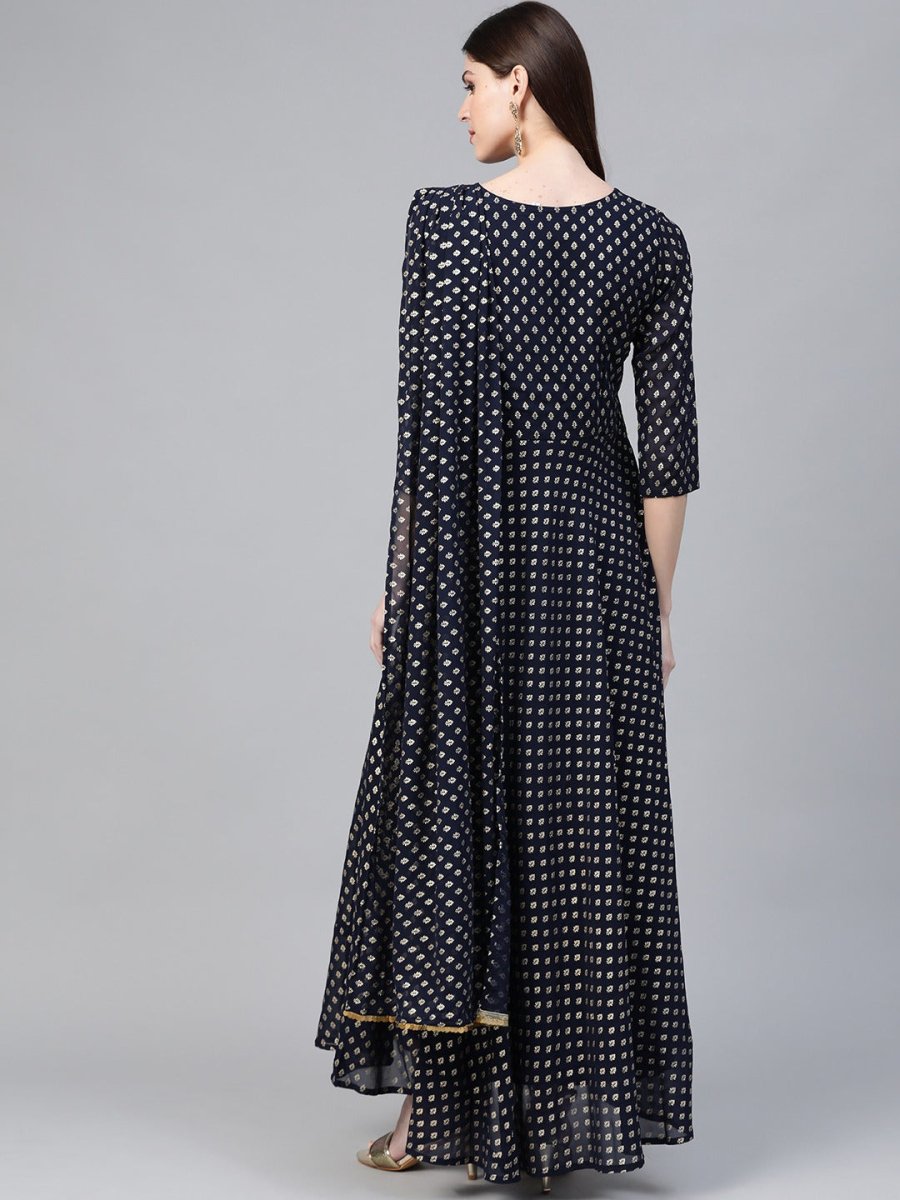 Ahalyaa Navy Blue & Golden Foil Printed Maxi Dress With Attached Dupatta