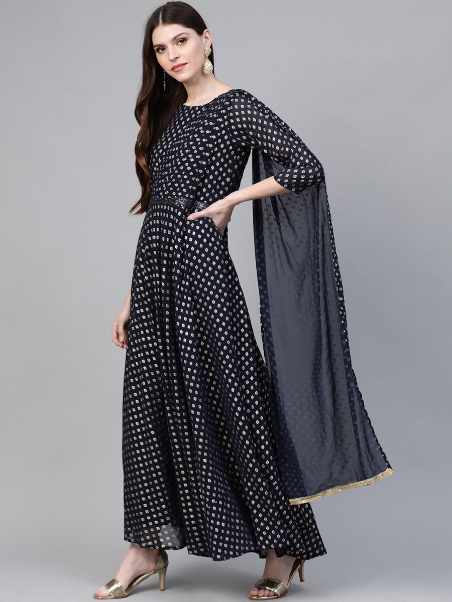 Ahalyaa Navy Blue & Golden Foil Printed Maxi Dress With Attached Dupatta