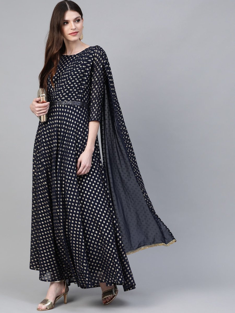 Ahalyaa Navy Blue & Golden Foil Printed Maxi Dress With Attached Dupatta