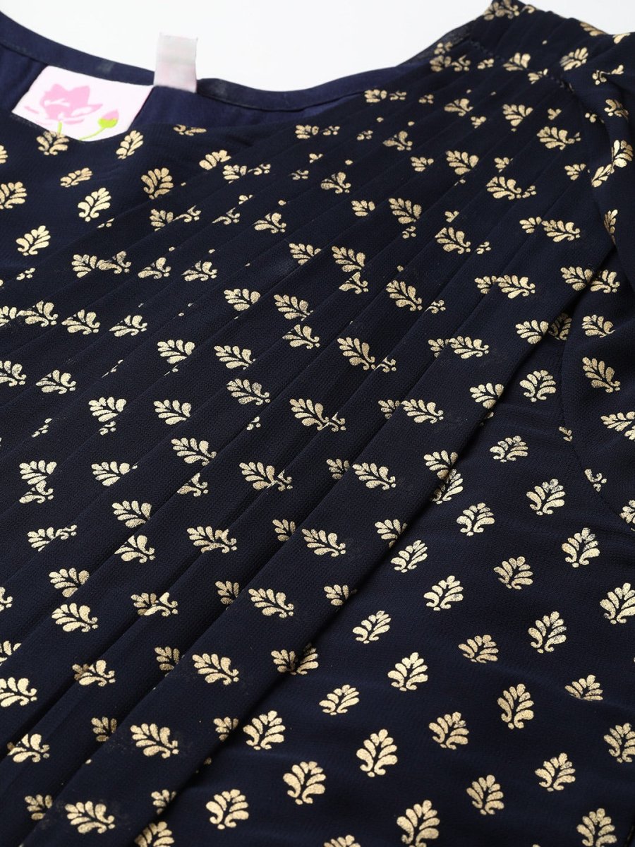 Ahalyaa Navy Blue & Golden Foil Printed Maxi Dress With Attached Dupatta