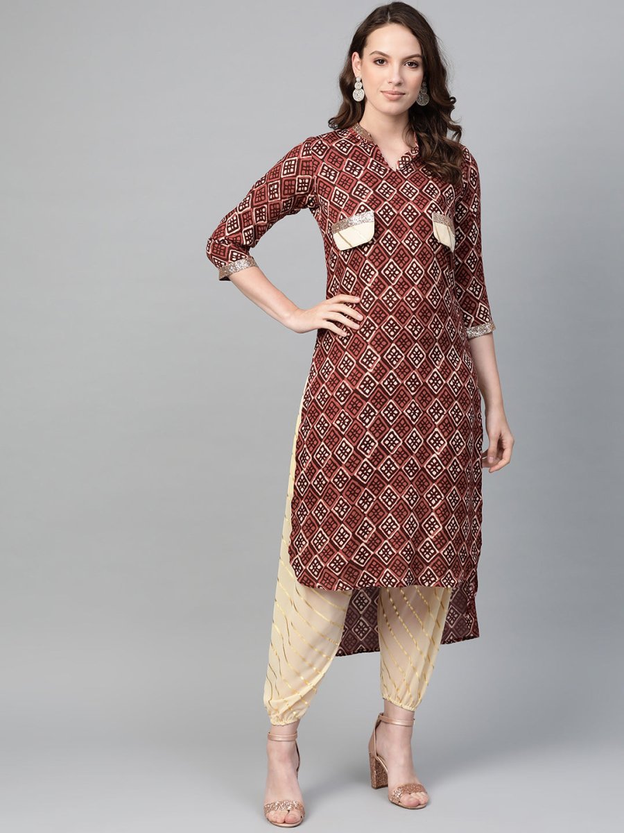 Ahalyaa Maroon & Cream-Coloured Printed Straight Kurta with Salwar