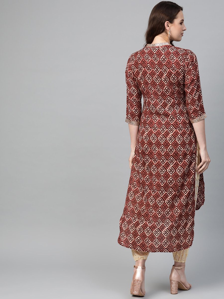 Ahalyaa Maroon & Cream-Coloured Printed Straight Kurta with Salwar