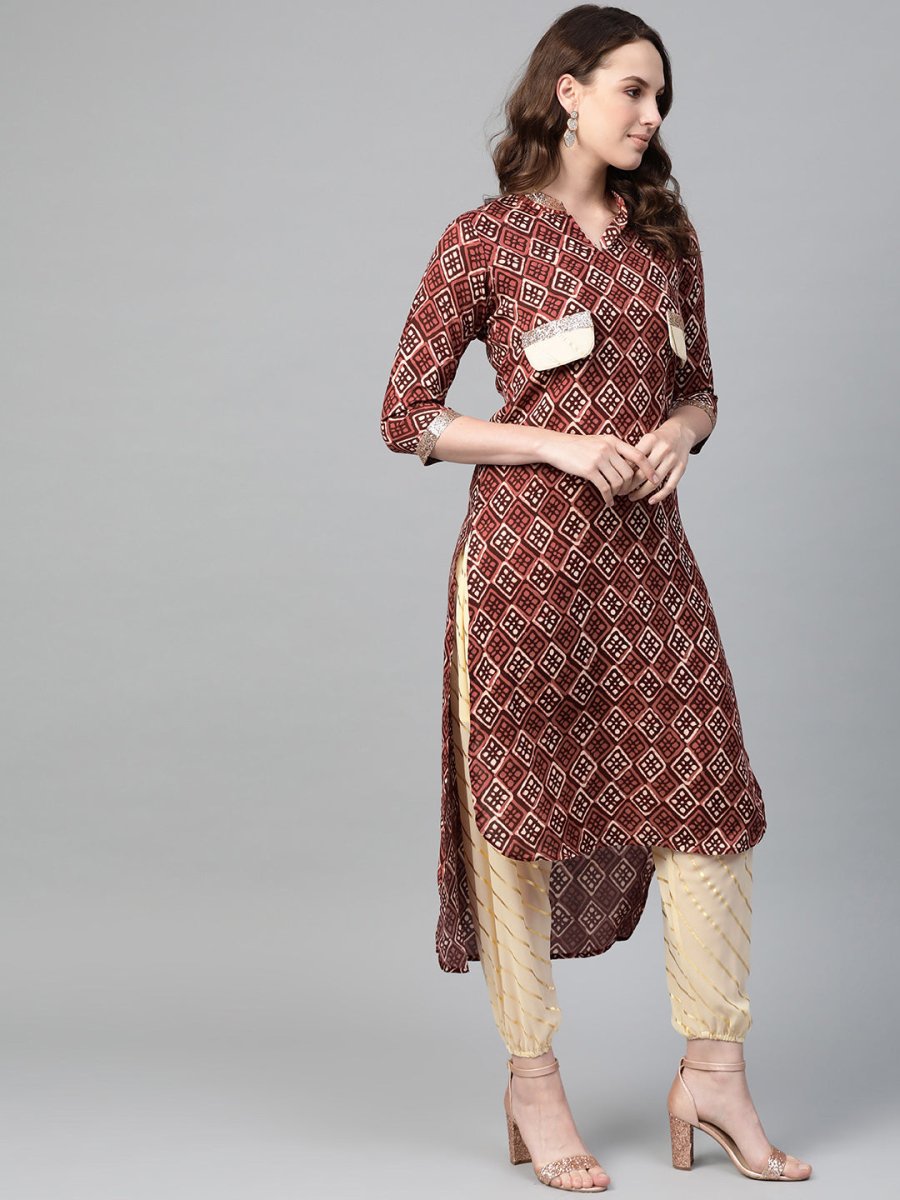 Ahalyaa Maroon & Cream-Coloured Printed Straight Kurta with Salwar