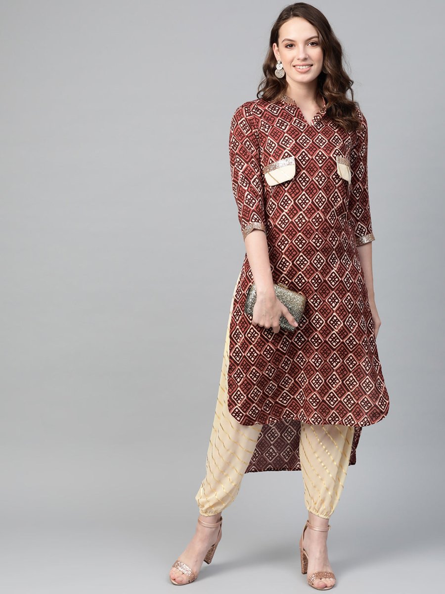 Ahalyaa Maroon & Cream-Coloured Printed Straight Kurta with Salwar