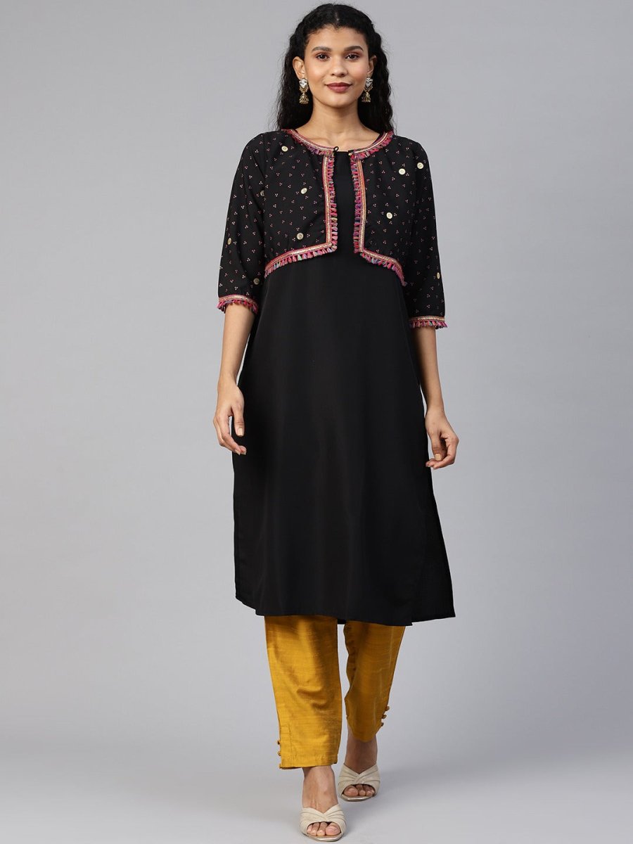 Ahalyaa Women Black & Pink Solid A-Line Kurta with Jacket