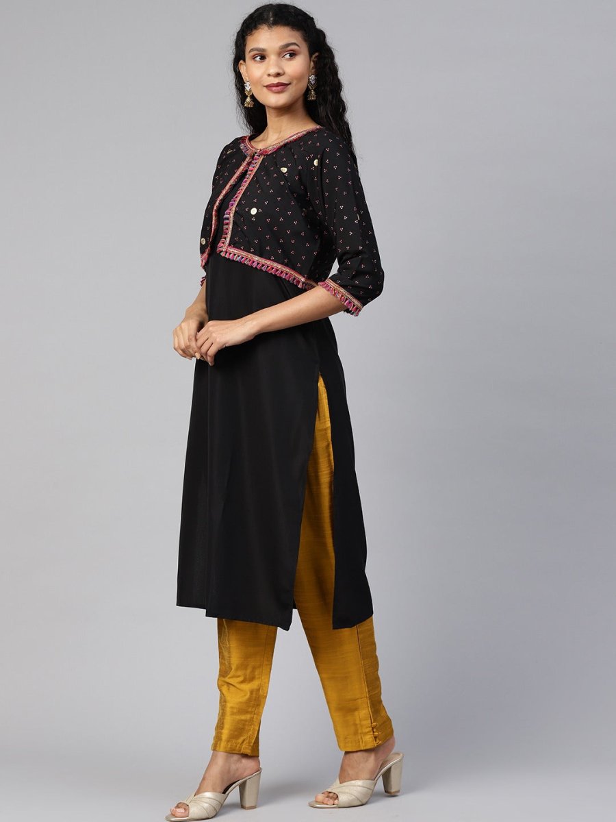 Ahalyaa Women Black & Pink Solid A-Line Kurta with Jacket