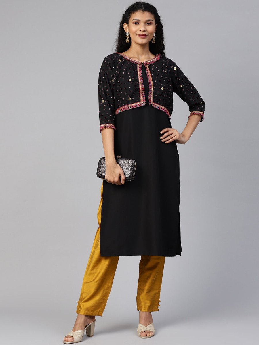 Ahalyaa Women Black & Pink Solid A-Line Kurta with Jacket