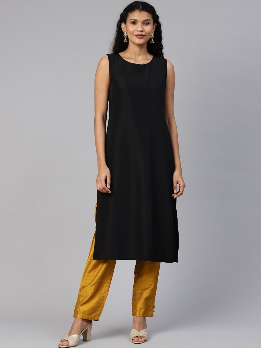 Ahalyaa Women Black & Pink Solid A-Line Kurta with Jacket