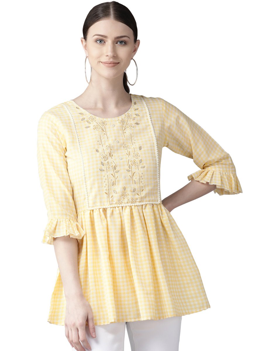 Ahalyaa Yellow & White Checked A-Line Top