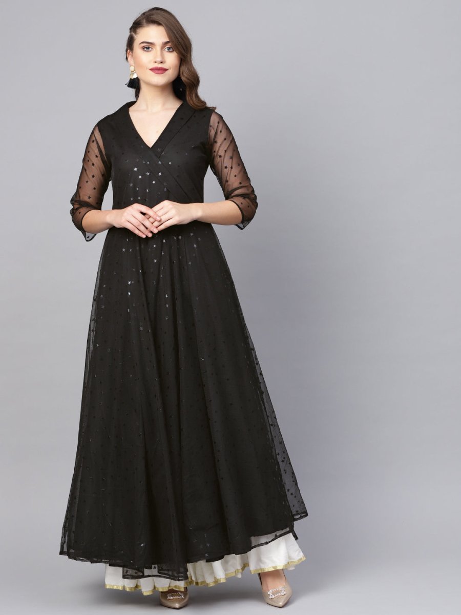 Ahalyaa Black Star Foil Print Angrakha Anarkali Kurta