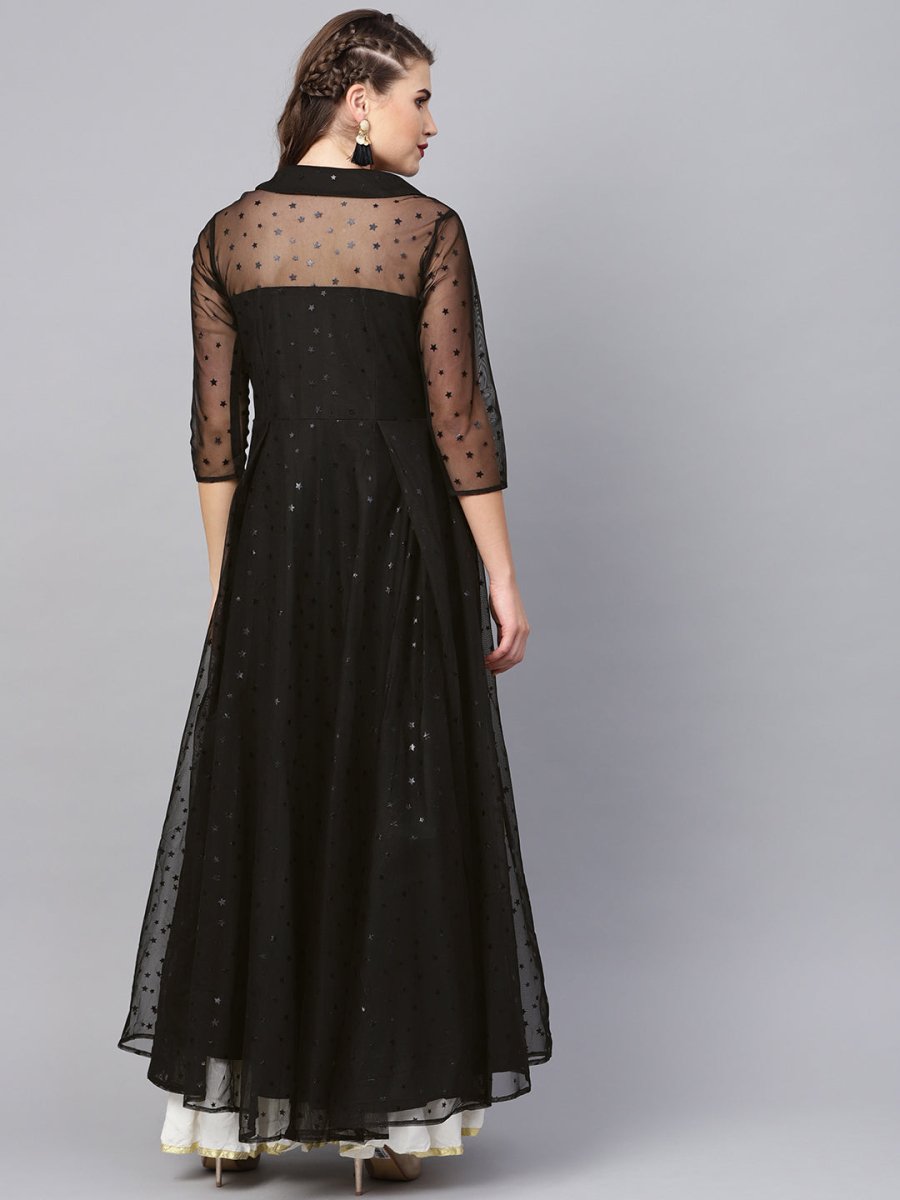 Ahalyaa Black Star Foil Print Angrakha Anarkali Kurta