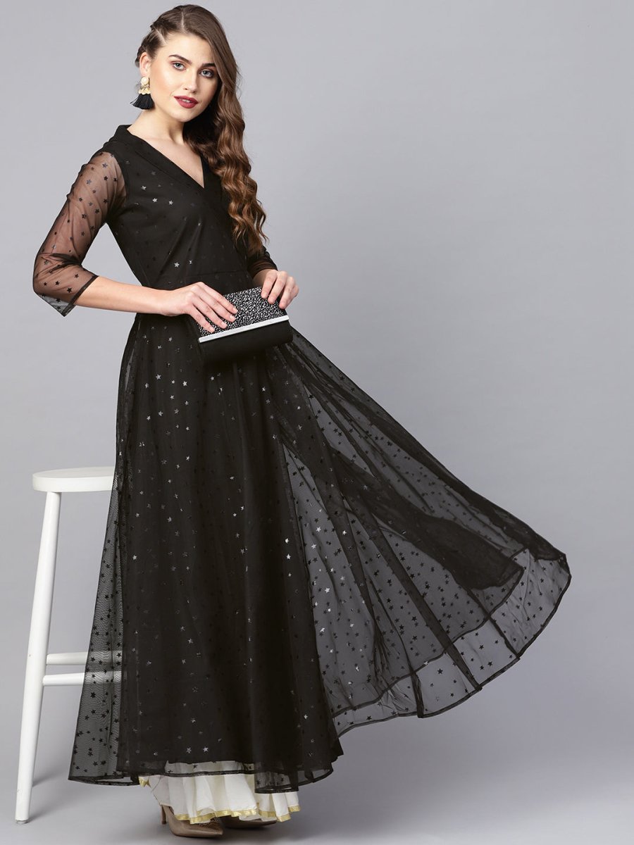 Ahalyaa Black Star Foil Print Angrakha Anarkali Kurta