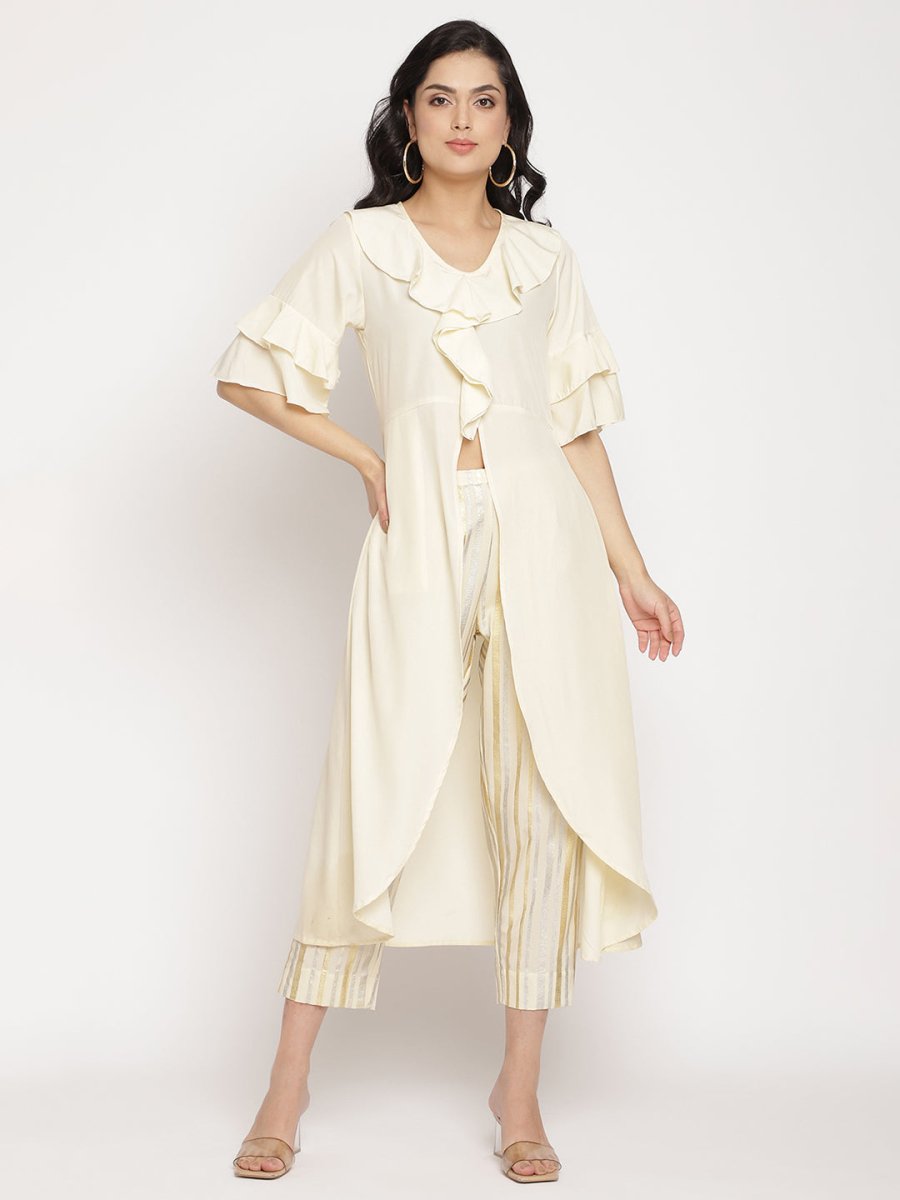 Ahalyaa Off White Layered Kurta with Trousers