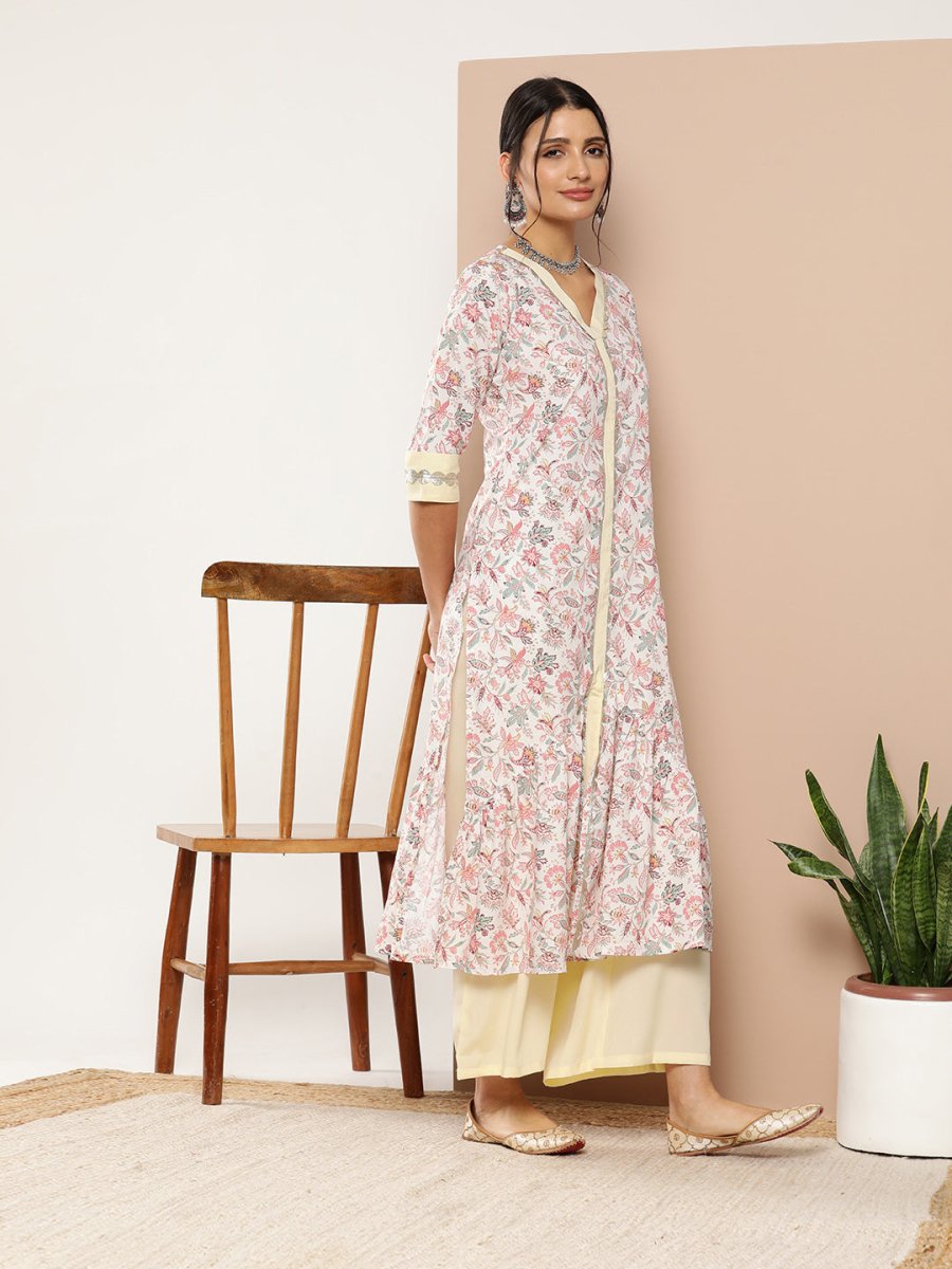 Ahalyaa Women Pink Floral Printed Pleated Gotta Patti Kurta with Palazzos