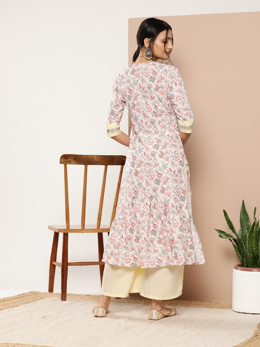 Ahalyaa Women Pink Floral Printed Pleated Gotta Patti Kurta with Palazzos