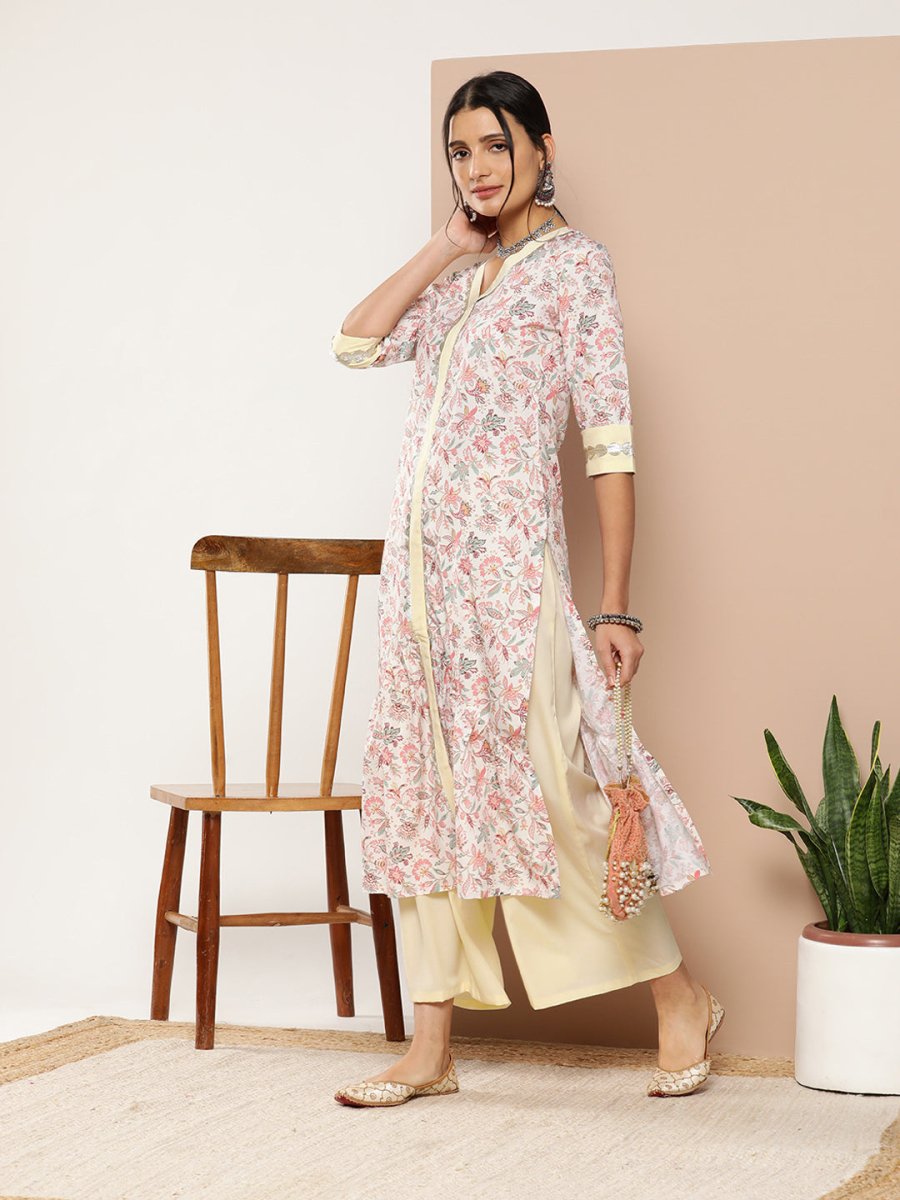 Ahalyaa Women Pink Floral Printed Pleated Gotta Patti Kurta with Palazzos
