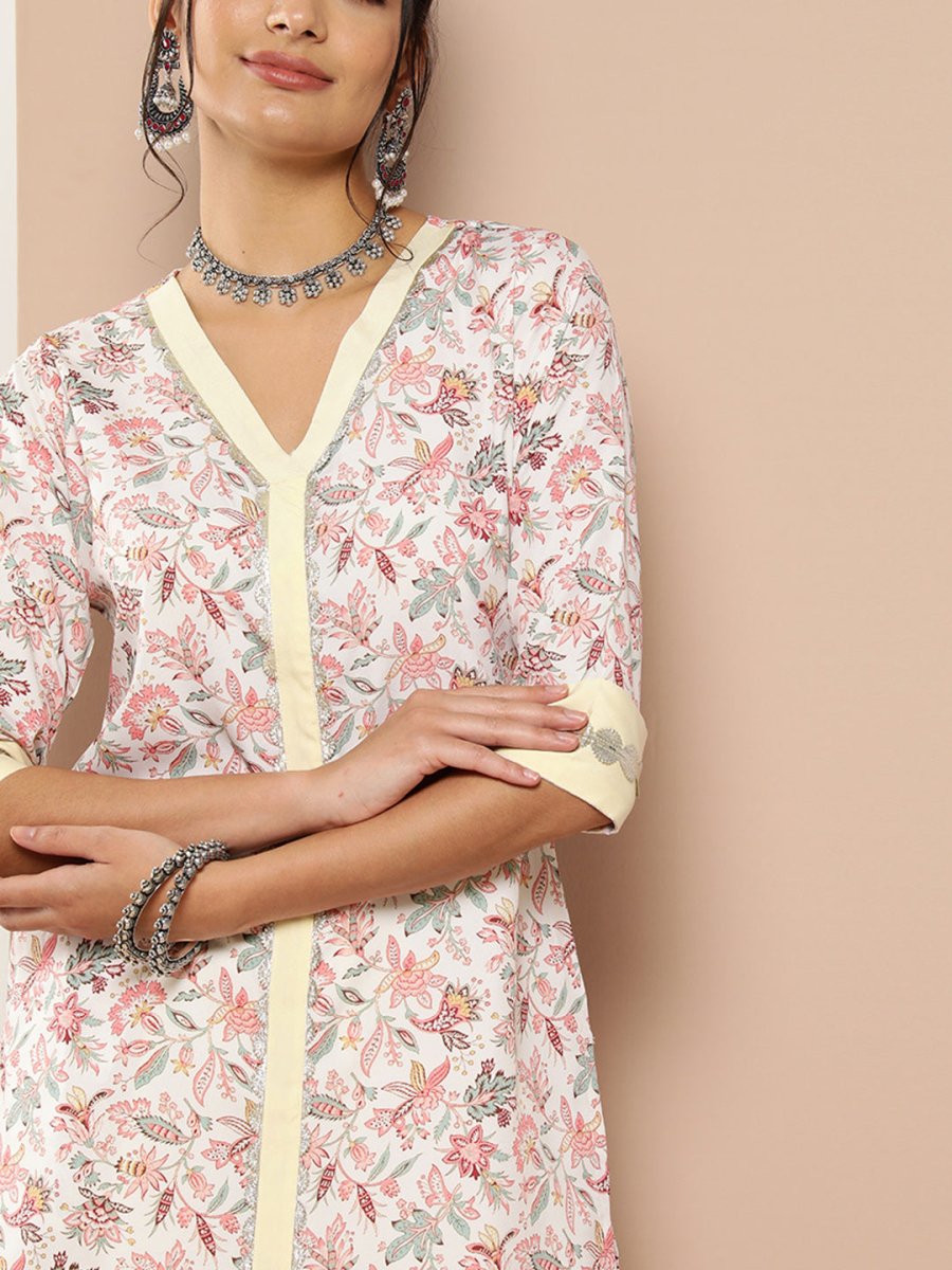 Ahalyaa Women Pink Floral Printed Pleated Gotta Patti Kurta with Palazzos
