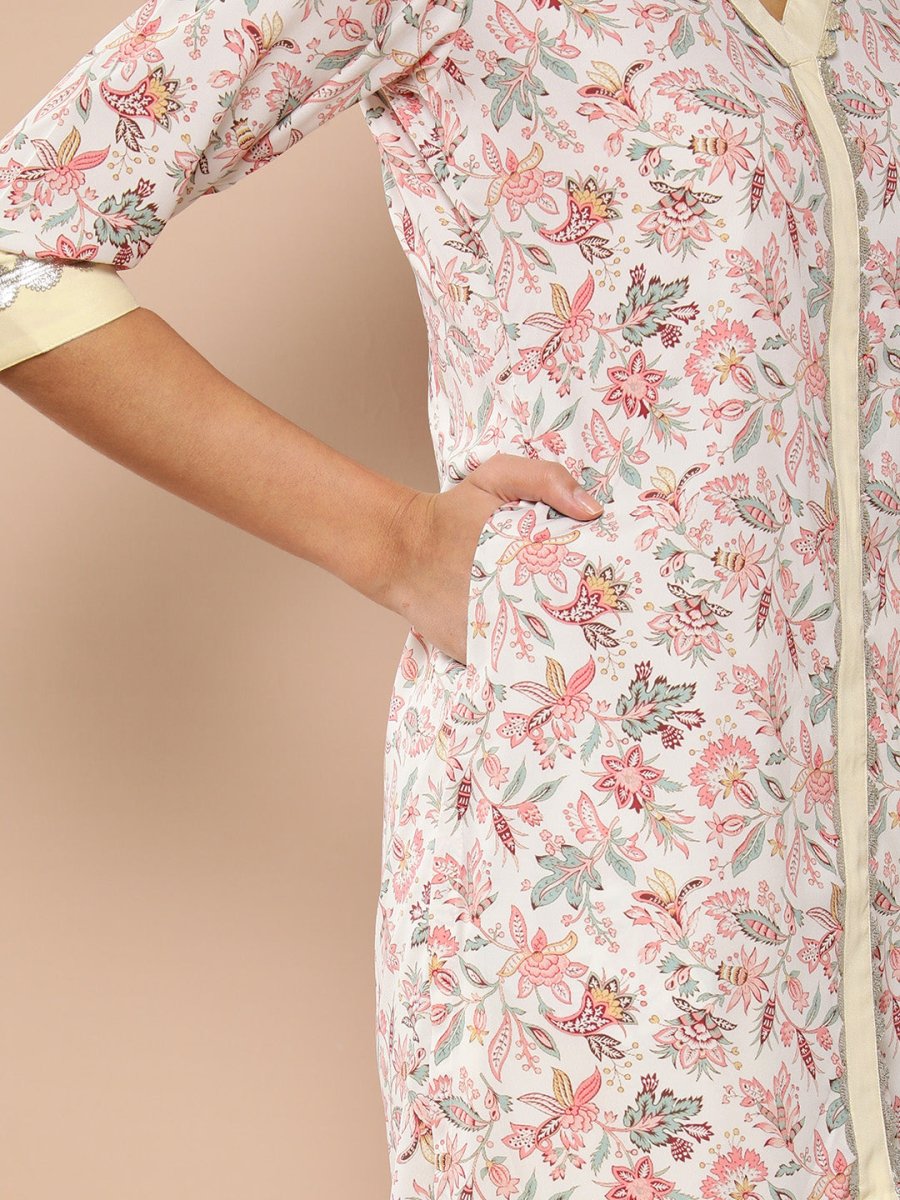 Ahalyaa Women Pink Floral Printed Pleated Gotta Patti Kurta with Palazzos