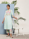 Ahalyaa Women Turquoise Blue Printed Gotta Patti Kurta with Trousers