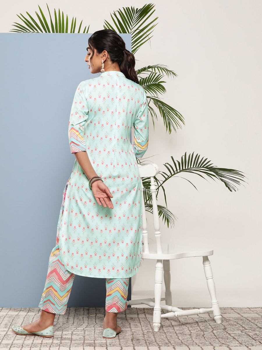 Ahalyaa Women Turquoise Blue Printed Gotta Patti Kurta with Trousers