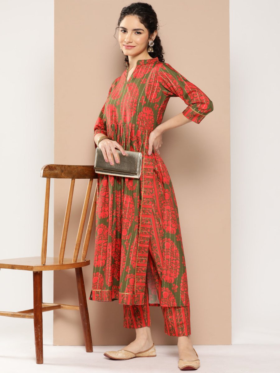Ahalyaa Women Floral Printed Pleated Gotta Patti Kurta with Trousers