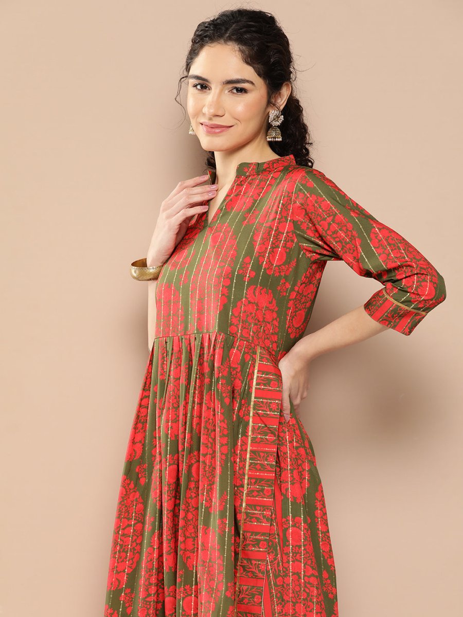 Ahalyaa Women Floral Printed Pleated Gotta Patti Kurta with Trousers