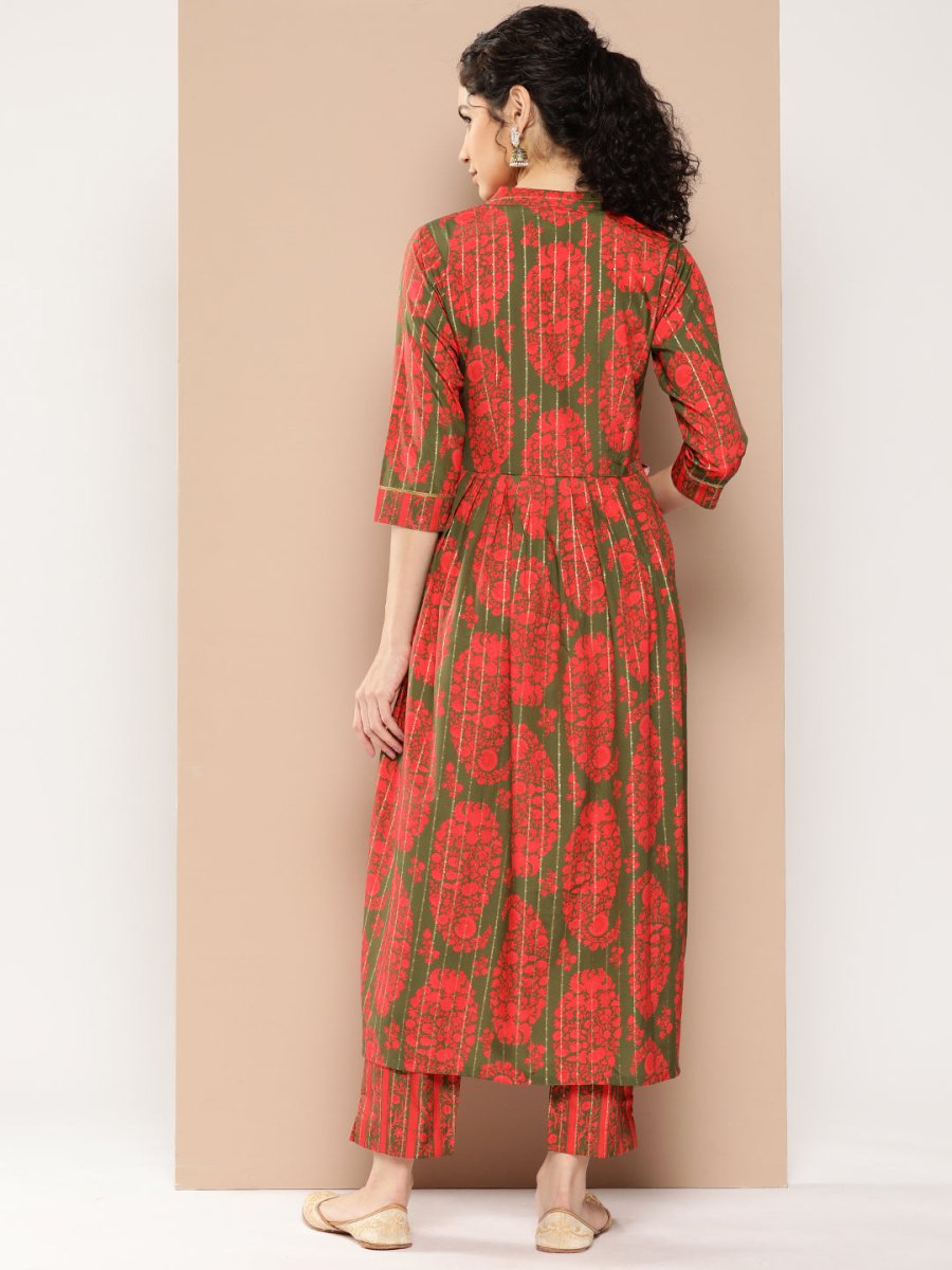 Ahalyaa Women Floral Printed Pleated Gotta Patti Kurta with Trousers