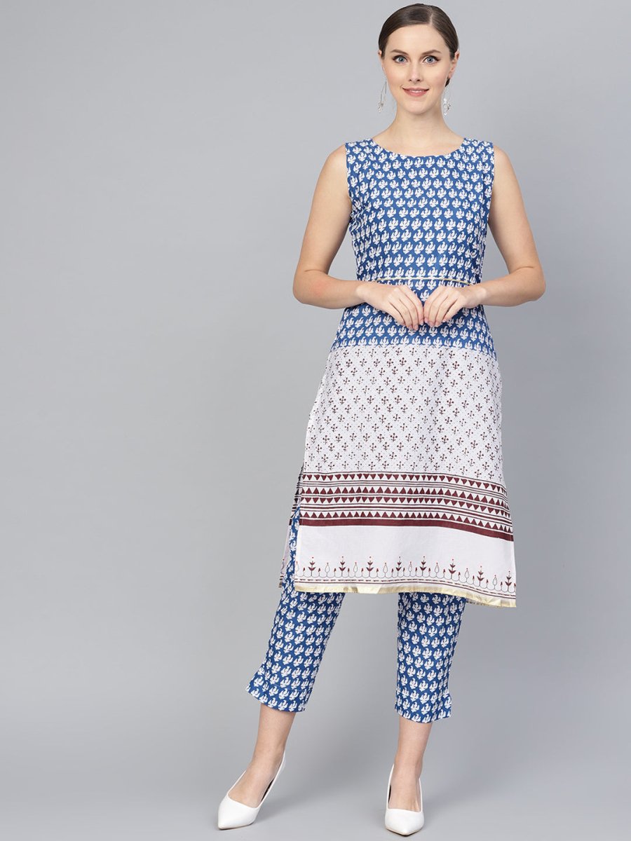 Ahalyaa Women Blue & White Printed Kurta with Trousers