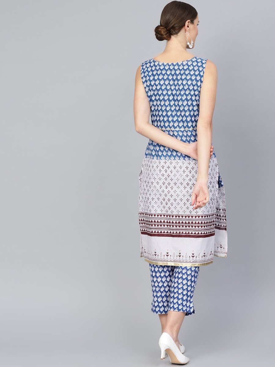 Ahalyaa Women Blue & White Printed Kurta with Trousers