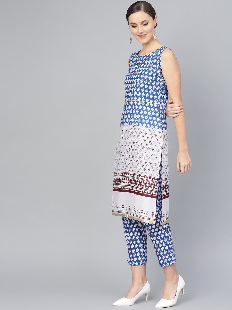 Ahalyaa Women Blue & White Printed Kurta with Trousers