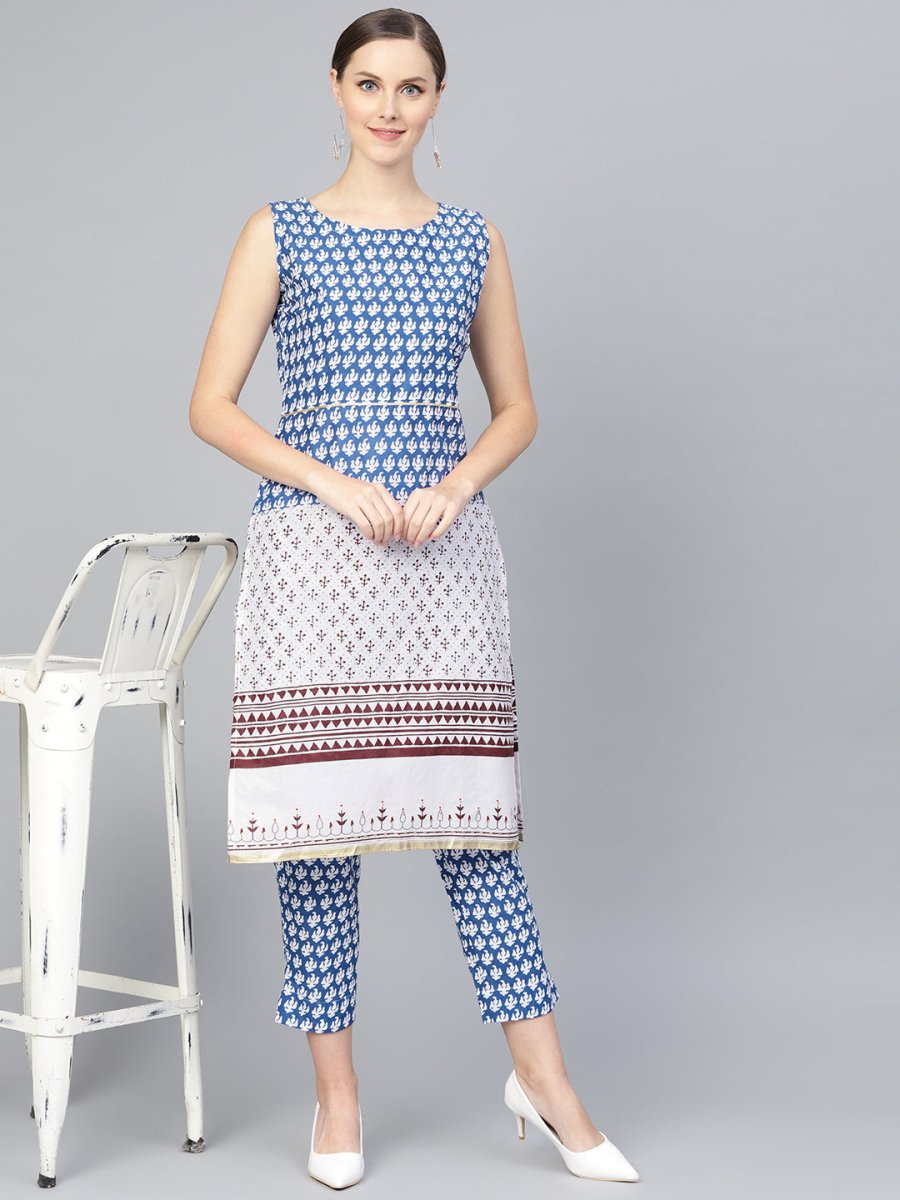 Ahalyaa Women Blue & White Printed Kurta with Trousers