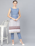 Ahalyaa Women Blue & White Printed Kurta with Trousers