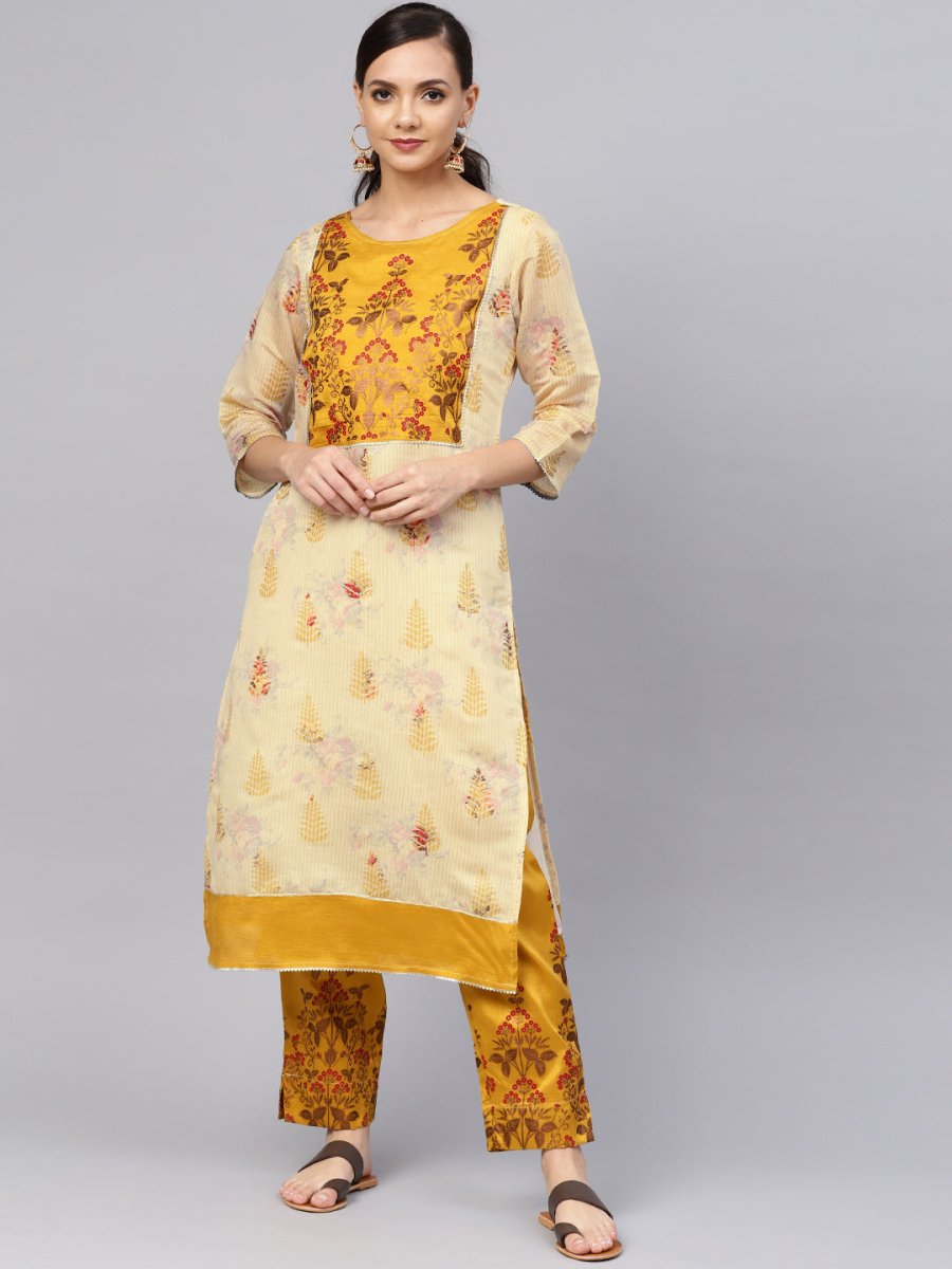 Ahalyaa Women Beige & Mustard Yellow Printed Kurta with Trousers