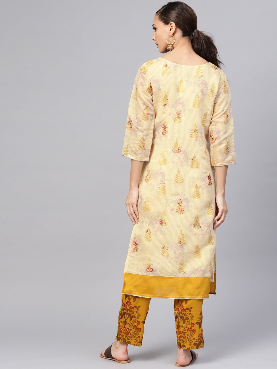 Ahalyaa Women Beige & Mustard Yellow Printed Kurta with Trousers