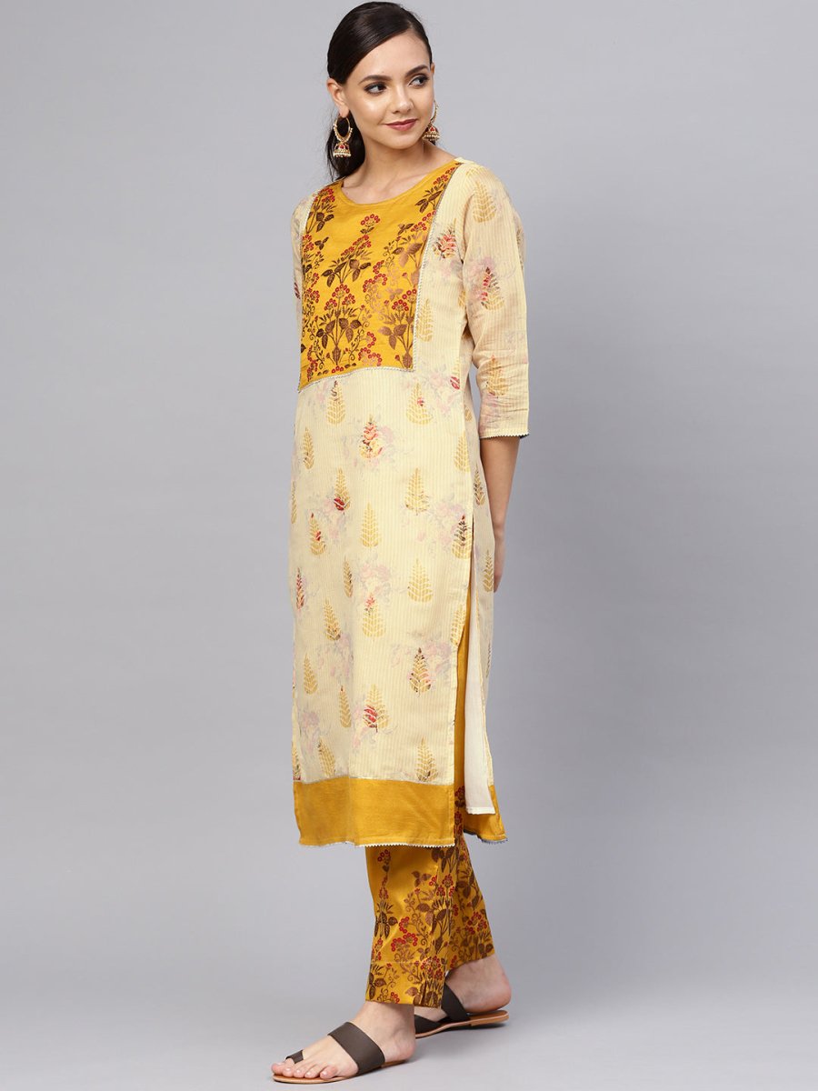 Ahalyaa Women Beige & Mustard Yellow Printed Kurta with Trousers