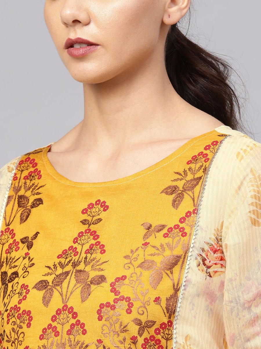Ahalyaa Women Beige & Mustard Yellow Printed Kurta with Trousers