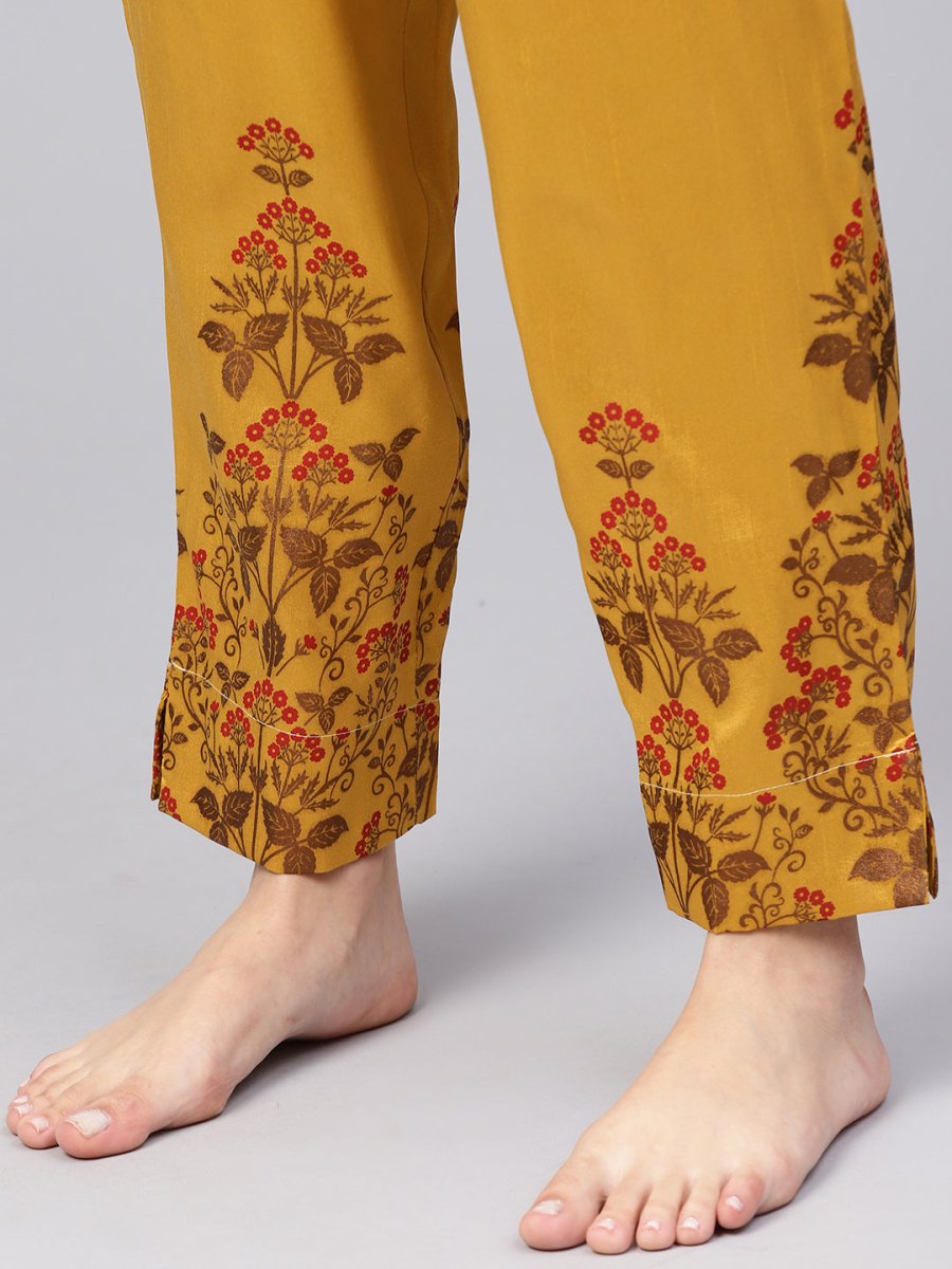 Ahalyaa Women Beige & Mustard Yellow Printed Kurta with Trousers