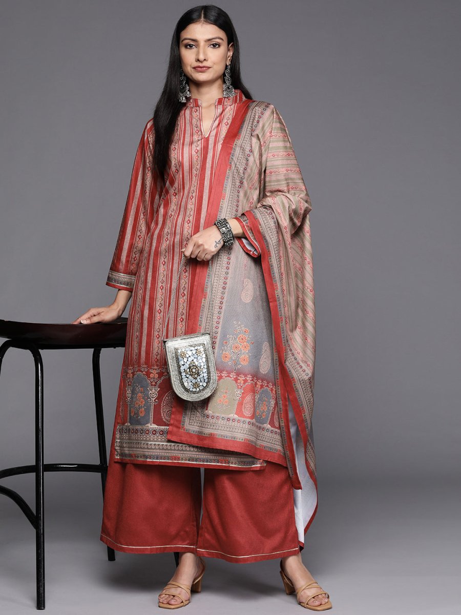 Ahalyaa Women Maroon Printed Gotta Patti Velvet Kurta with Palazzos & With Dupatta
