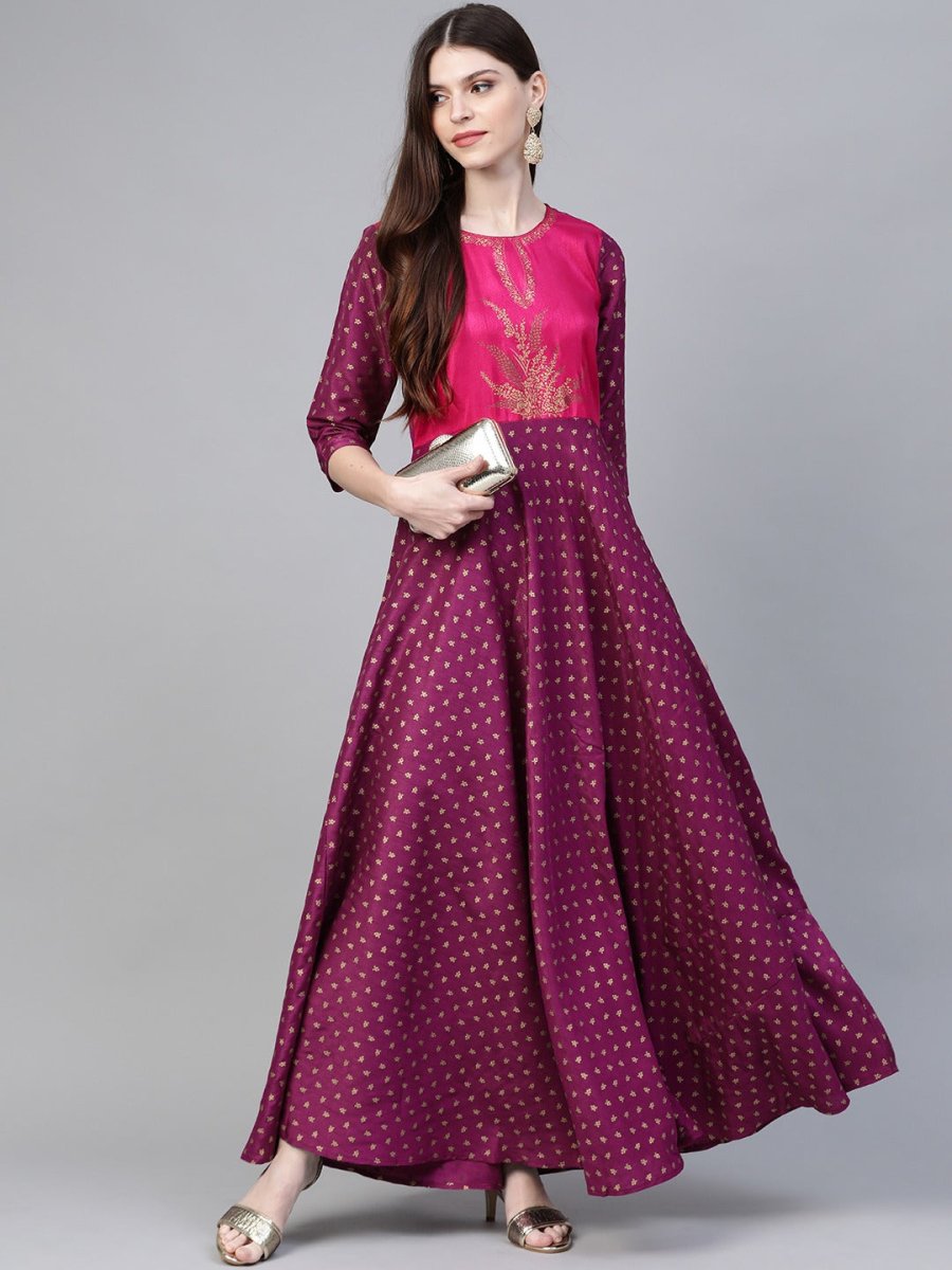 Ahalyaa Purple & Golden Screen Printed Maxi Dress
