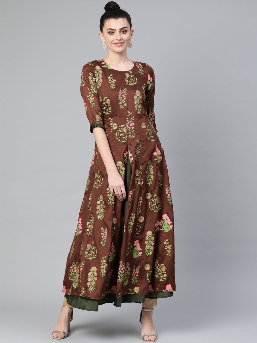 Ahalyaa Women Brown & Olive Green Floral Print Layered Beautiful Anarkali Kurta