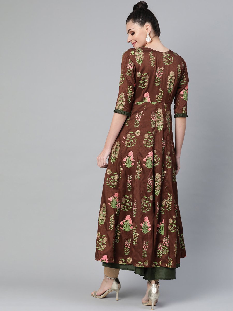 Ahalyaa Women Brown & Olive Green Floral Print Layered Beautiful Anarkali Kurta
