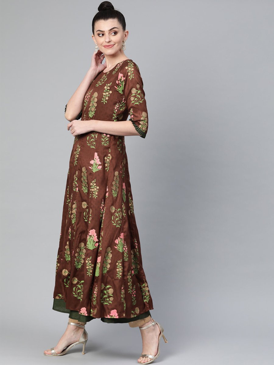 Ahalyaa Women Brown & Olive Green Floral Print Layered Beautiful Anarkali Kurta