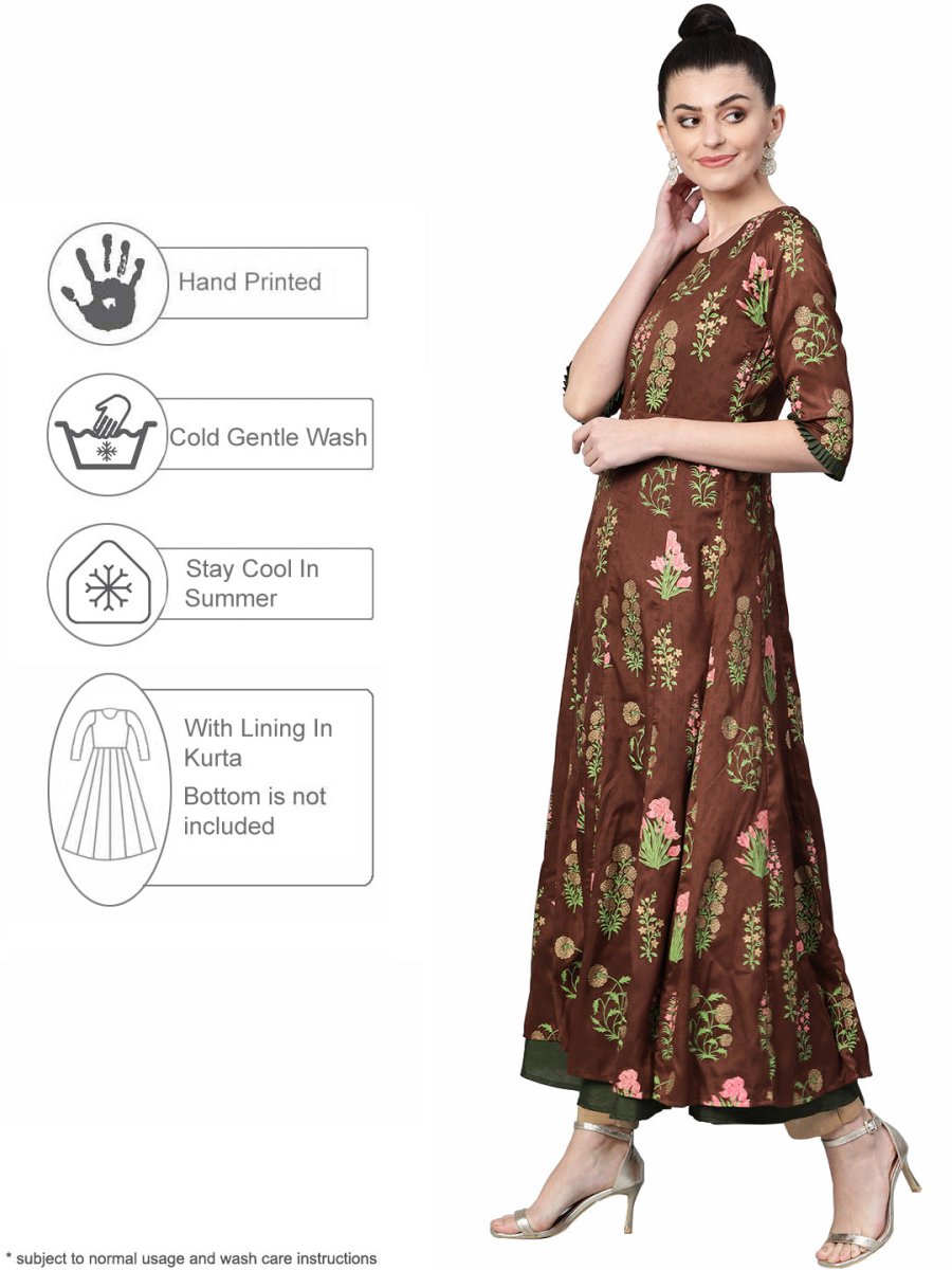 Ahalyaa Women Brown & Olive Green Floral Print Layered Beautiful Anarkali Kurta
