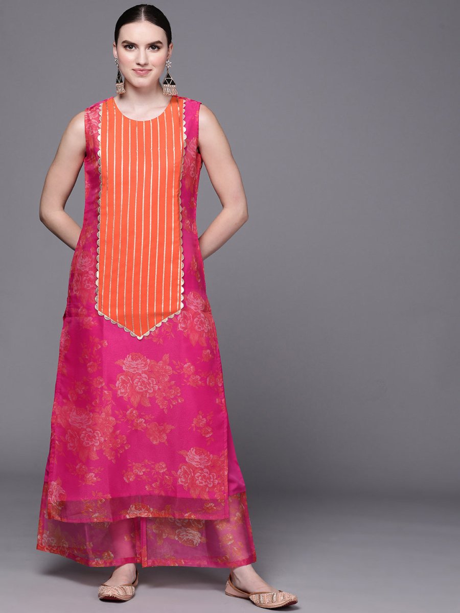 Ahalyaa Women Pink Floral Printed Gotta Patti Kurta with Palazzos