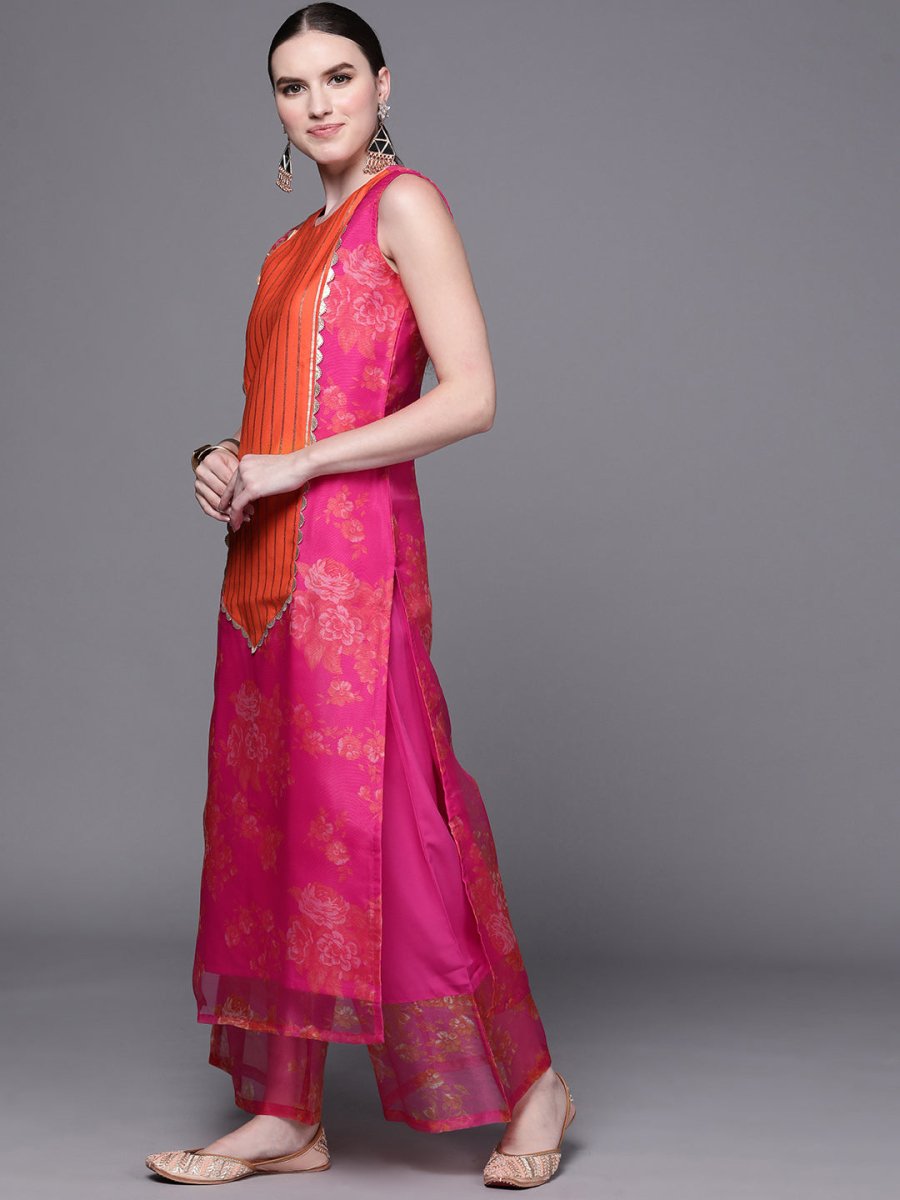 Ahalyaa Women Pink Floral Printed Gotta Patti Kurta with Palazzos