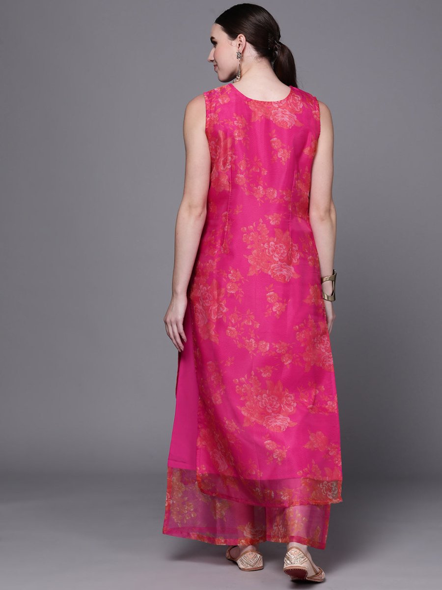 Ahalyaa Women Pink Floral Printed Gotta Patti Kurta with Palazzos